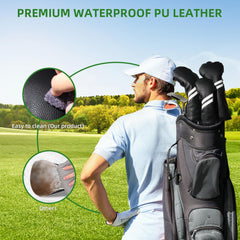 Frimon head covers in use on a golf bag showing organized clubs