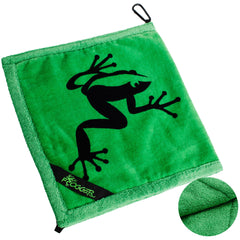 Frogger front-facing towel showing green double-sided design and clip benefits