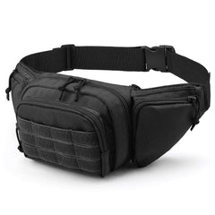 FRTKK front view of black tactical fanny pack showing pockets and quick access benefits