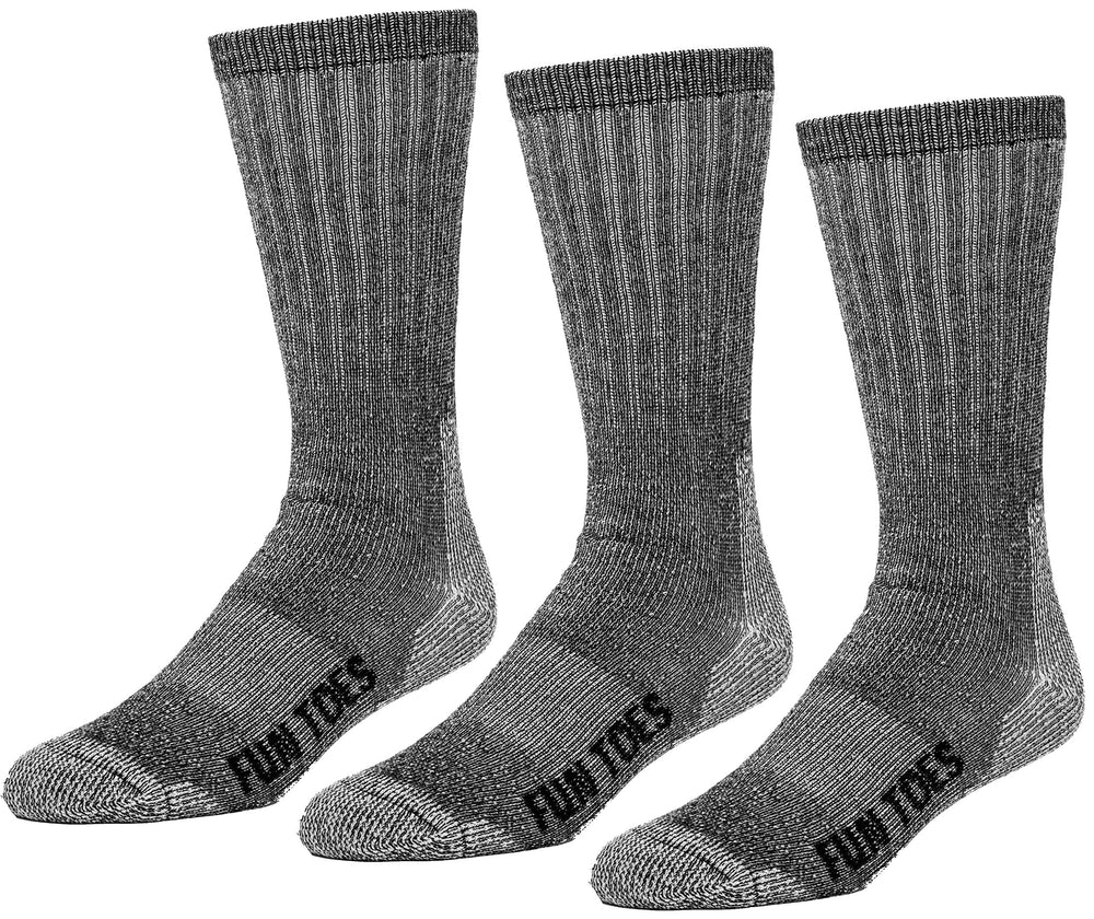 FUN TOES front packaging of 3-pack black boot socks showing value and readiness