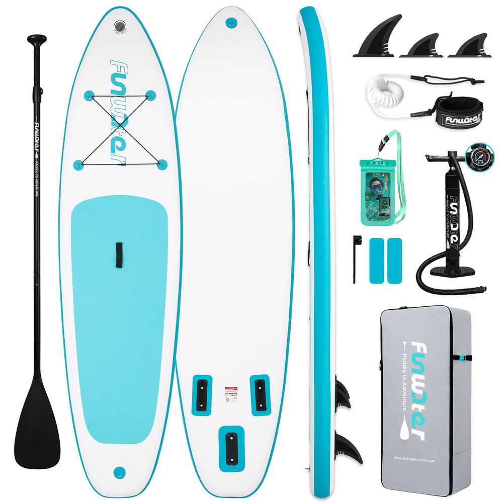 FunWater front view of inflated paddle board showing shape and graphics for easy identification