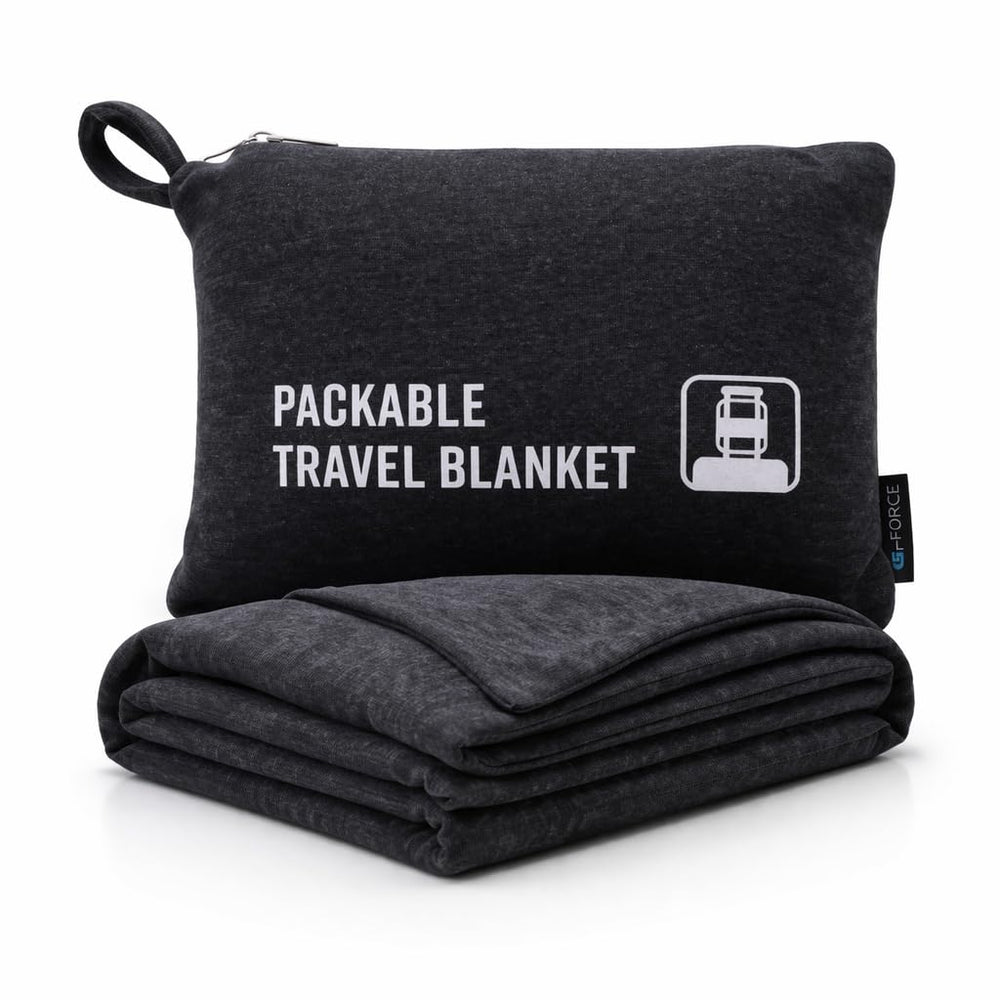 G FORCE front view of black packable travel blanket showing compact design and portability