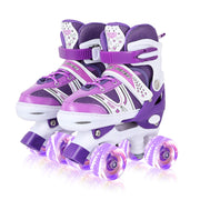 G MGY OLED front view purple skates showing fit and easy buckles benefit adjustable comfort