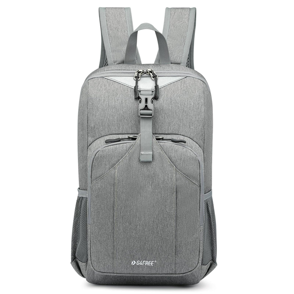 G4Free front view of light grey daypack showing pockets and reflective strip for visibility