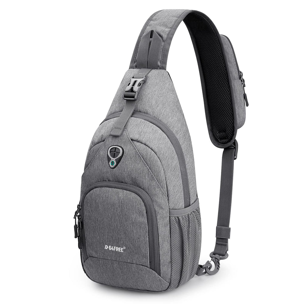 G4Free front view of sling bag showing pockets and compact design benefit secure access