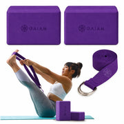Gaiam front view packaging showing deep purple blocks and strap, clear starter kit benefit