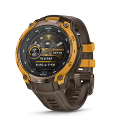 Garmin Instinct Crossover front view showing cocoa finish and hybrid display benefit
