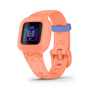 Garmin vívofit jr. 3 front view showing peach leopard design and playful display benefit