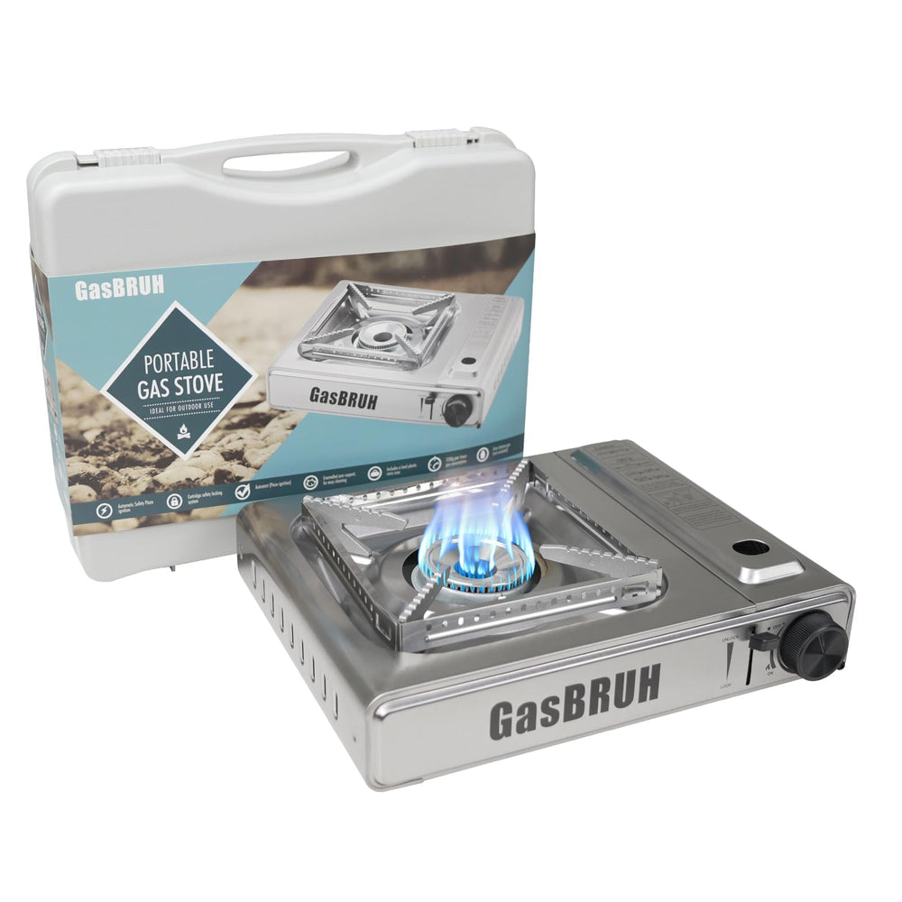 GasBRUH front view showing stove and case, convenient transport benefit