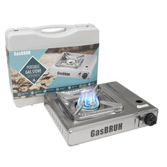 GasBRUH front view showing stove and case, convenient transport benefit