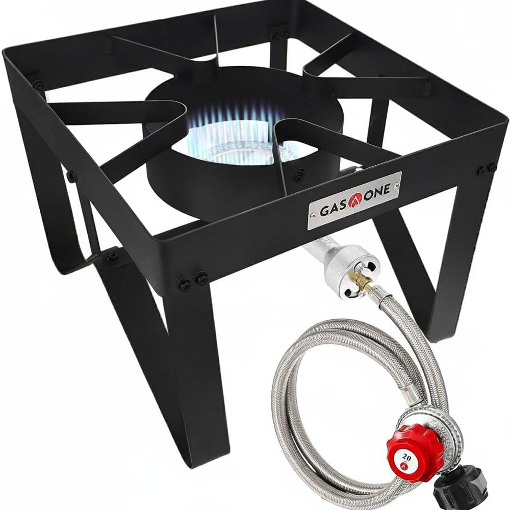 Gas One front view showing single high-pressure burner and grate, for powerful outdoor cooking