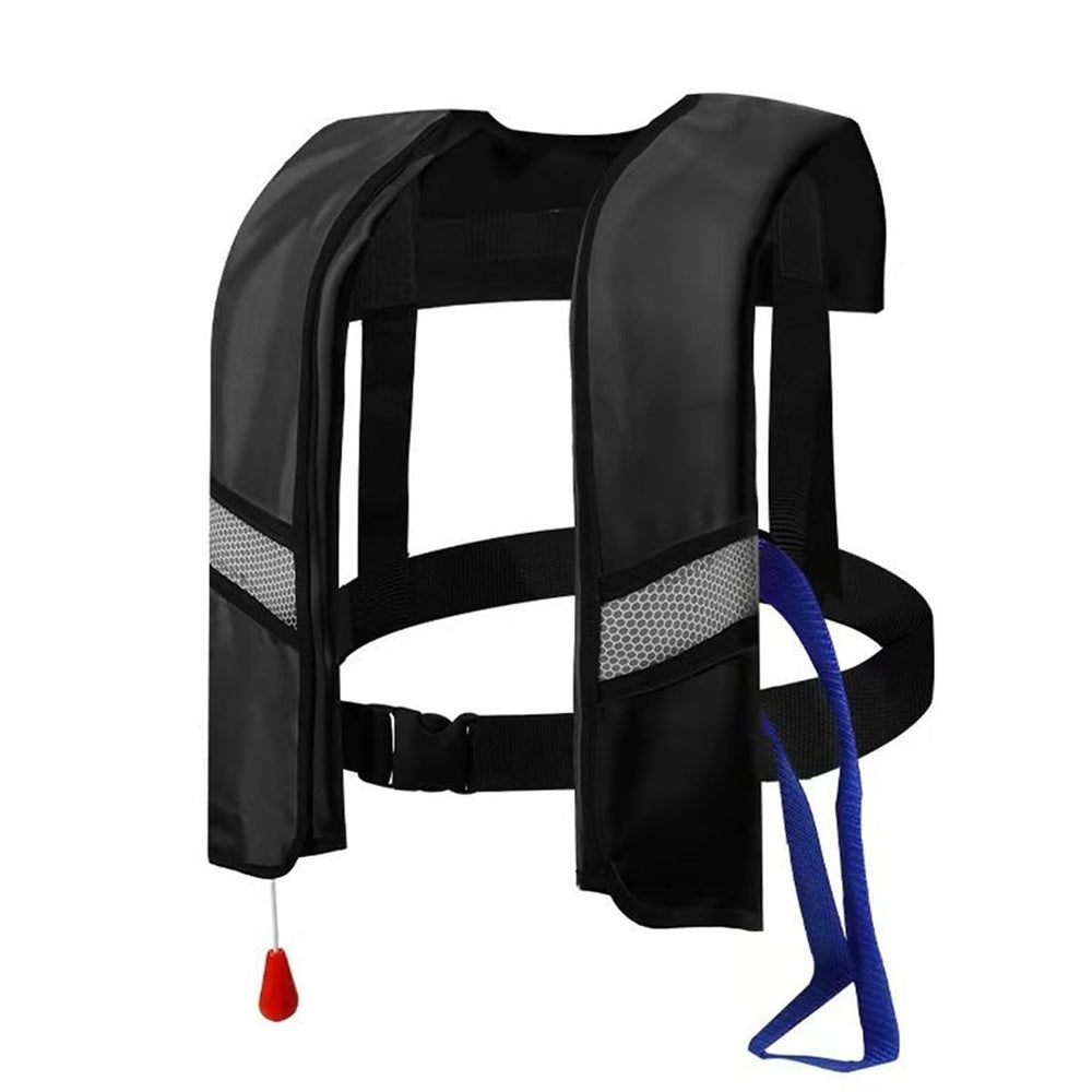 GDLHY front view of black inflatable vest showing slim fit and buckles for easy wear