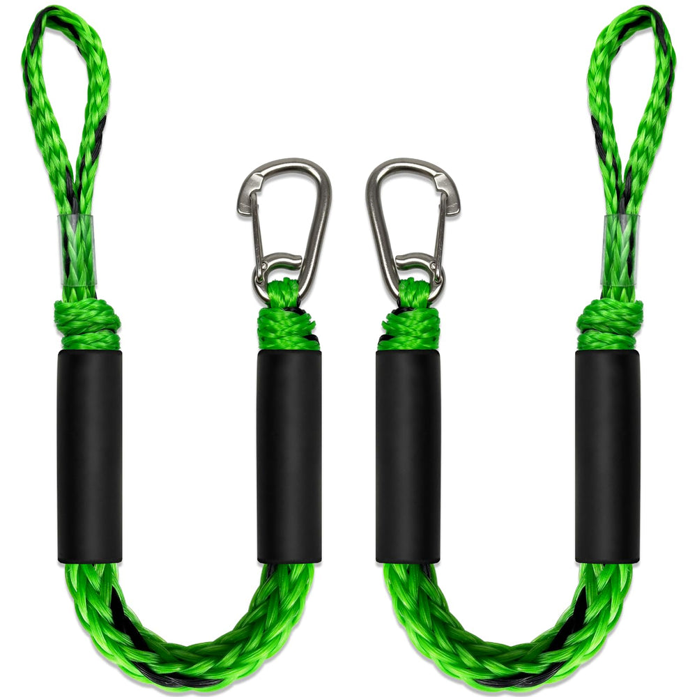 Geelu front view showing two green and black bungee dock lines for quick identification and protection