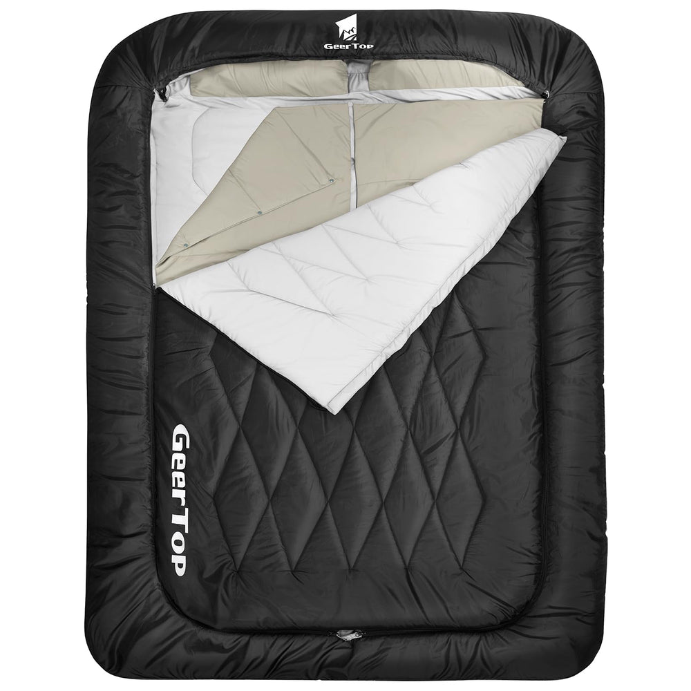 GEERTOP front view of queen double sleeping bag showing shared space and comfort