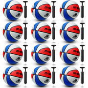 Gemscream front view of twelve red white blue basketballs, ready for teams