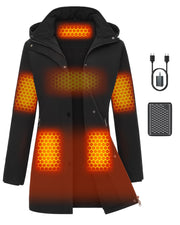 Genovega front view of long heated jacket showing sleek design and warmth