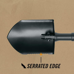 Gerber close-up of serrated blade edge cutting roots and compacted soil effectively benefit