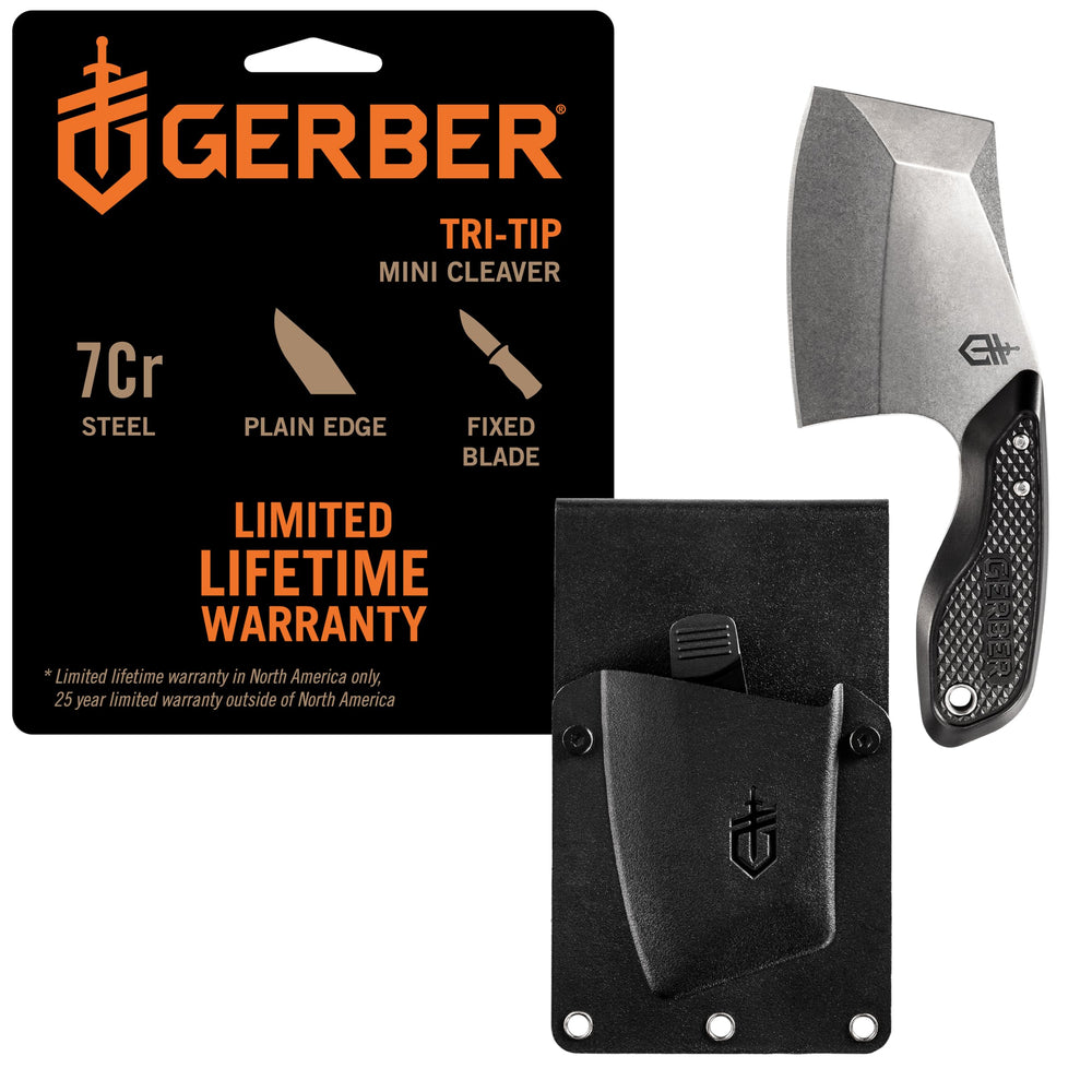 Gerber TRI-Tip mini cleaver front view showing blade and sheath for versatile carry