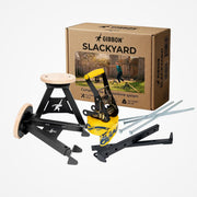 GIBBON SlackYard front view showing assembled freestanding slackline and safe low height