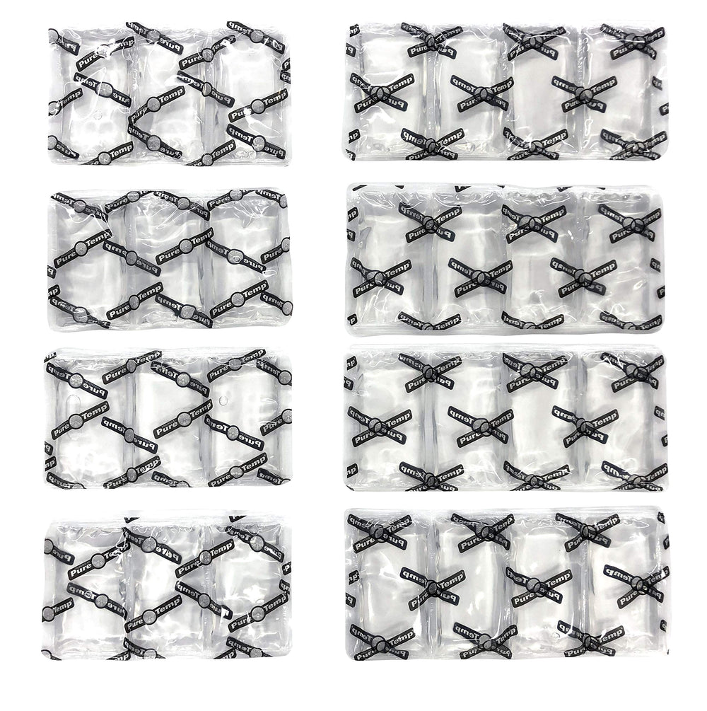 Glacier Tek front view of eight spare cooling packs showing assortment and fit benefits