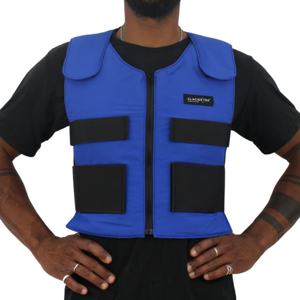 Glacier Tek front view of vest showing pocket layout and fit for fast cooling