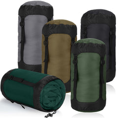 GliCraft front view of five earth-tone compression sacks showing pack contents benefit