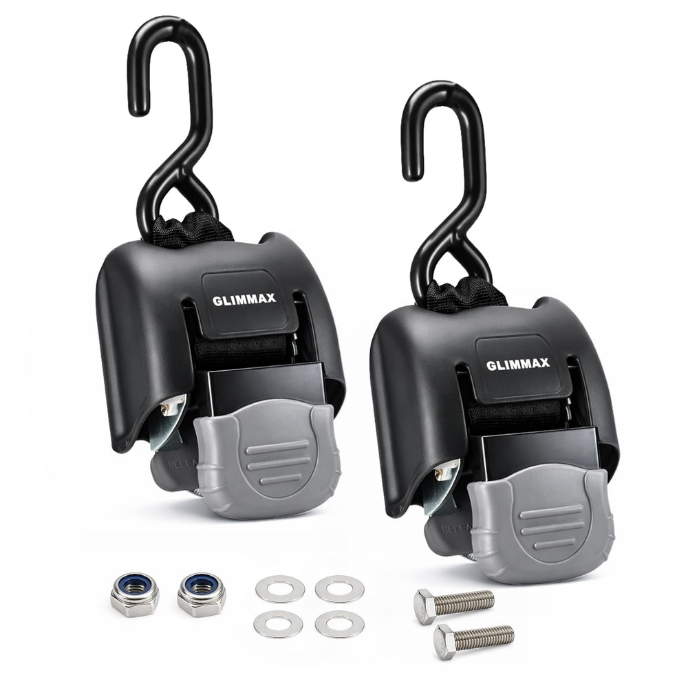 GlimmaX front view of two-pack retractable straps showing compact housing and labels, reliable storage