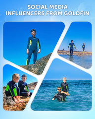 Child wearing GoldFin wetsuit in shallow water demonstrating mobility