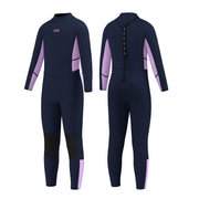GoldFin front view of purple kids wetsuit showing full shorty fit and protection