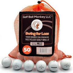 Golf Ball Monkey front packaging showing 50-ball value pack and included mesh bag benefits