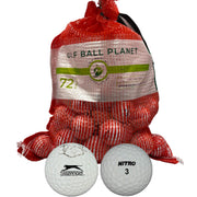 Golf Ball Planet mesh bag front showing 72 balls and easy carry benefit