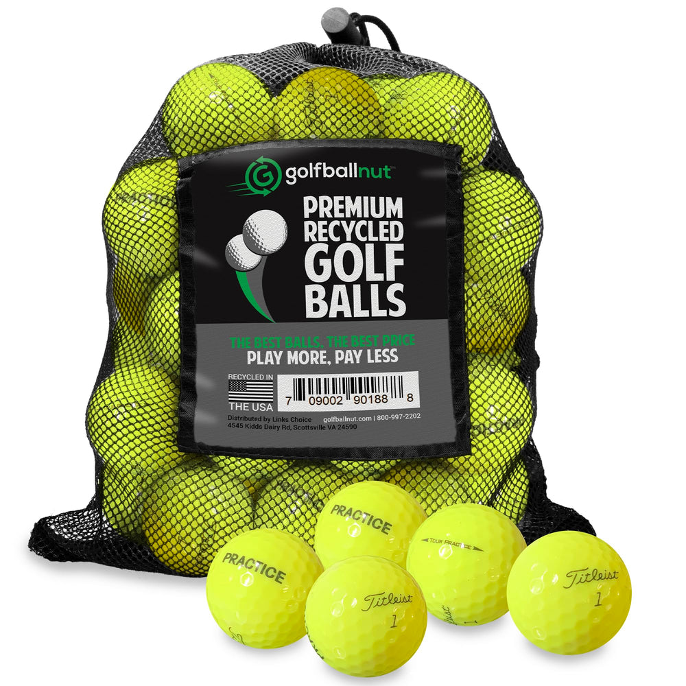GolfBall Nut front packaging showing 48 bright yellow recycled balls and bag, easy transport benefit