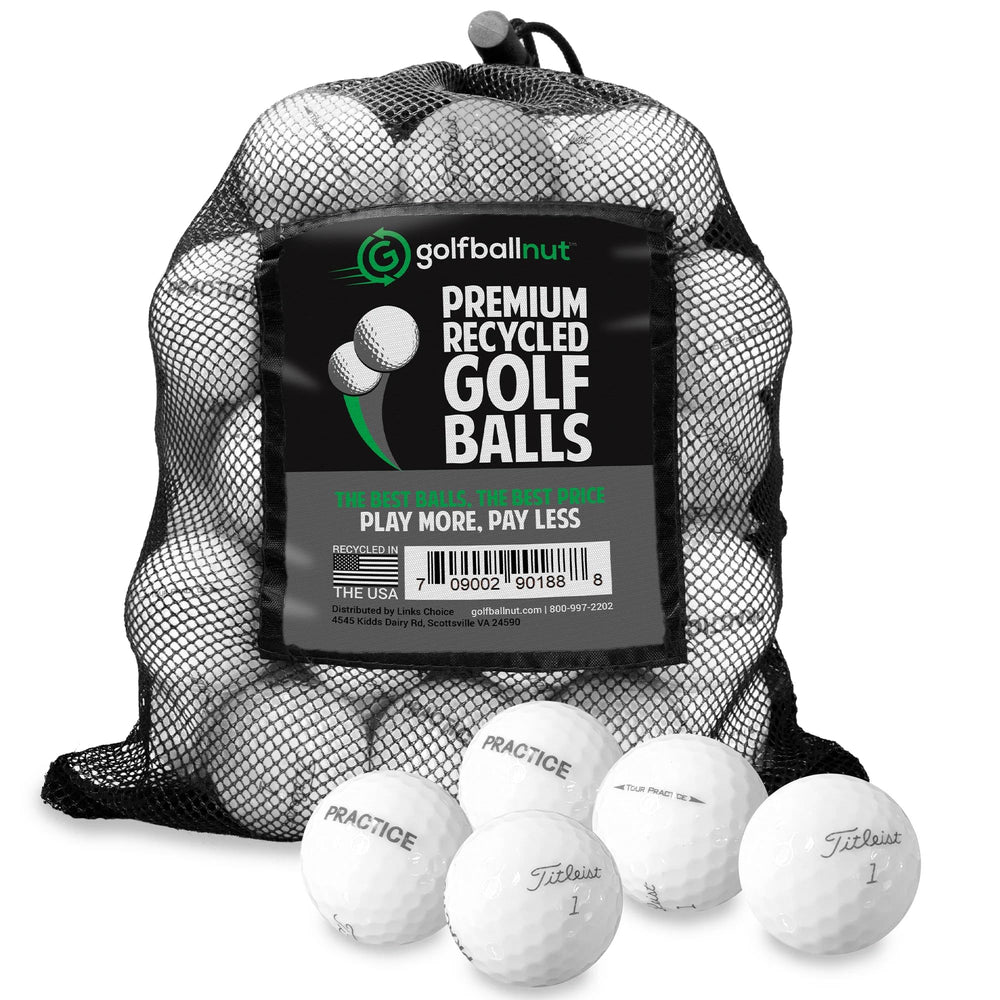 GolfBall Nut front packaging showing 48 recycled Titleist practice balls and included bag for convenient transport