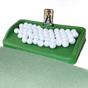 Golfupp front view of tray showing 100-ball capacity and stable design