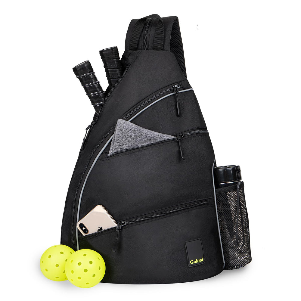 Goloni front view of black pickleball bag showing organized pockets and stylish design for easy transport