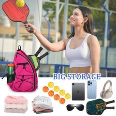 Goloni sling bag hanging on court fence using built-in hook for convenience