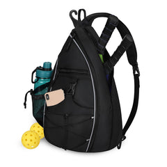 Goloni sling bag front view showing organized exterior and reflective accents for visibility