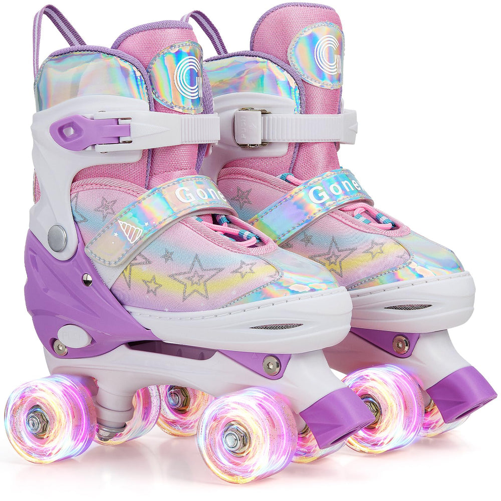 Gonex front view of adjustable quad skates showing overall design and fit benefit
