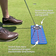 GoSports mirror with tees inserted for gate drill to train stroke path