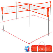 GoSports Slam X front setup on grass showing full 14x14 court and portability benefit