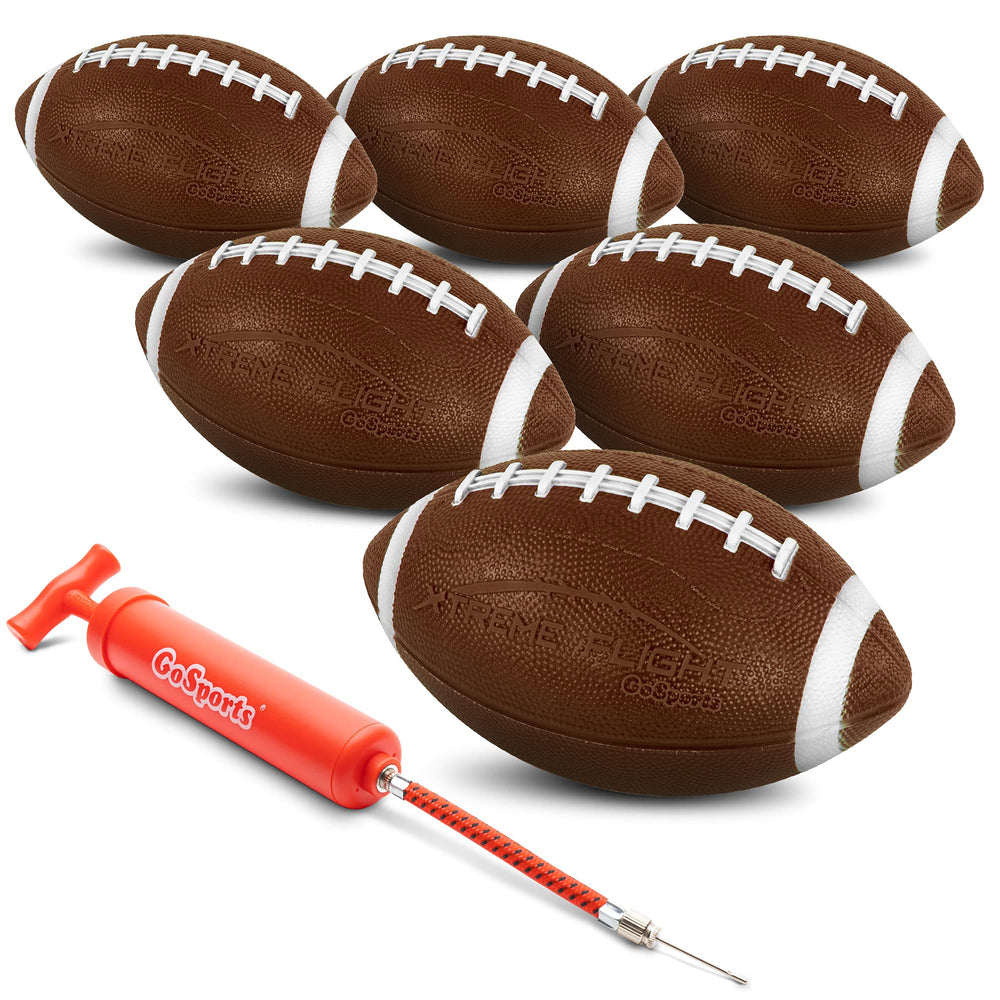 GoSports footballs front pack showing six balls and pump for group play
