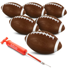 GoSports footballs front pack showing six balls and pump for group play