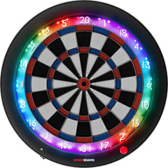 GranBoard front view blue showing LED ring and play-ready board for connected games