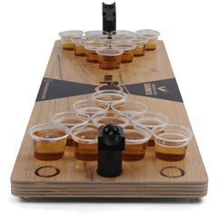 Grown Man Games front view of mini beer pong board showing recessed cup holes and durable finish, portable fun