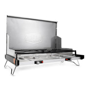 GSI Outdoors Pinnacle Pro front view showing compact two-burner layout and controls for fast meals
