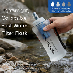 GUYI collapsed bottle next to a hand showing compactness and space-saving benefit