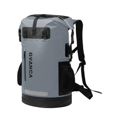 GVANCA front view of dry backpack showing roll-top and straps, durable and protective