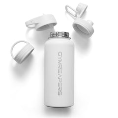 Gymreapers front view showcasing 32oz bottle and three lids for versatile hydration