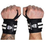 Gymreapers front view of white 18-inch wraps showing branding and fit benefit