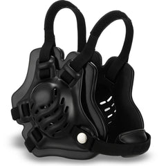 Halloscume front view black headgear showing full-face coverage and adjustable straps benefit protection